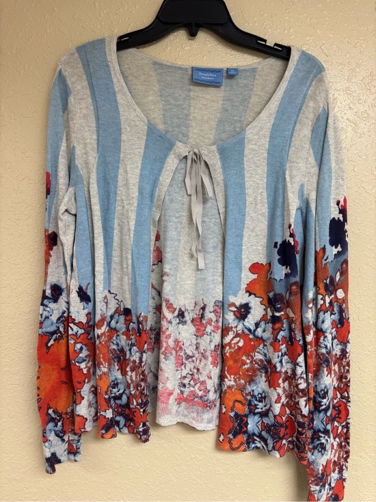 Vera Wang Tops - Vera Wang Blue & Gray Striped Long-Sleeve Top with Orange Floral Border